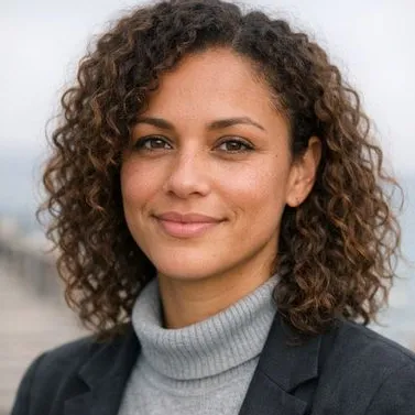 Mixed-heritage woman in her early thirties, curly brown hair, hazel eyes, calm expressi…